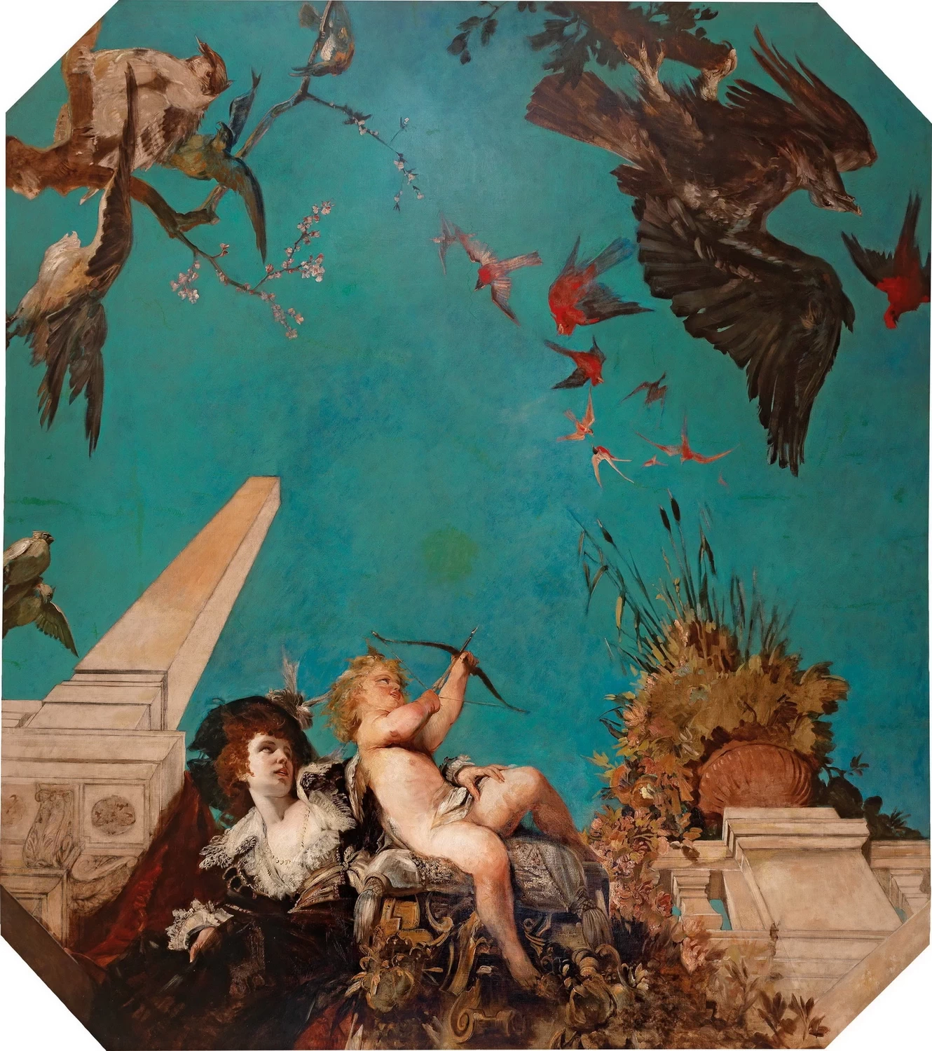 Studio di soffitto con signora e Cupido